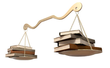 A gold scale that it balanced with a set of leather books  on either end on an isolated backgroundの写真素材