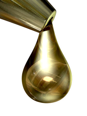 An extreme close up of a oil cans nozzle with a drop of oil dripping out on an isolated backgroundの写真素材
