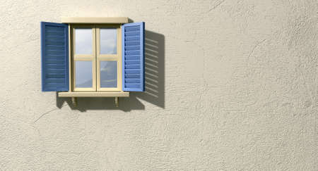 A regular wooden framed window with blue shutters on an isolated plastered wallの写真素材