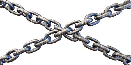Two regular scratched metal chains crossing each other on an isolated background
