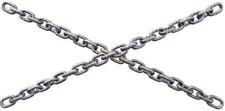 Two regular scratched metal chains crossing each other on an isolated background
