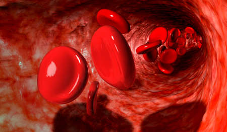 A macro closeup of a blood vein with red blood cells flowing through it