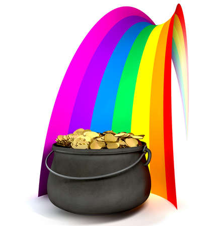 A cast iron pot filled with gold coins at the end of a regular stylised rainbow on an isolated backgroundの写真素材