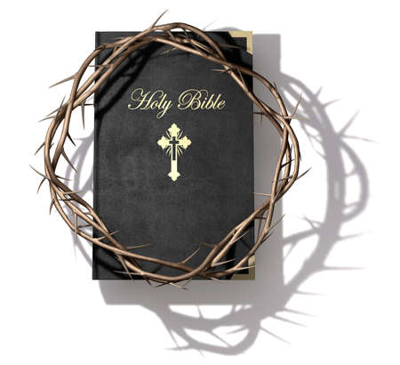 A black leather bible with a gold inscription with a crown of thorns on top of it on an isolated...