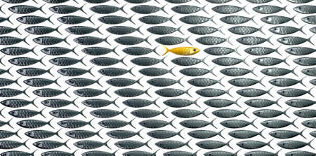 A perspective view of a school of stylized silvery fish swimming in one direction with a contrasting golden one swimming in the opposite direction on an isolated backgroundの写真素材