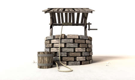 A brick water well with a wooden roof and bucket attached to a rope next to it on an isolated backgroundの写真素材