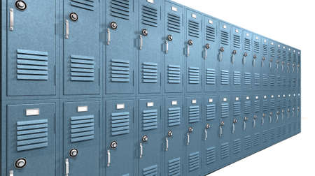 A perspective view of a stack of blue metal school lockers with combination locks and doors shut on an isolated backgroundの写真素材
