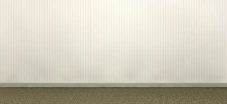 An front view of a wall and carpet of an old room with dated striped wallpaper and a brown carpet...