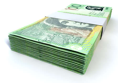 A stack of bundled one hundred australian dollar notes on an isolated background