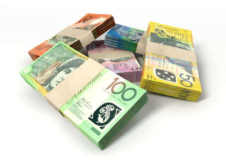 A stack of bundled australian dollar notes on an isolated background