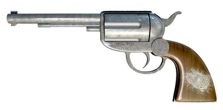 A regular metal revolver with a white fingerprint on the wooden handle on an isolated background