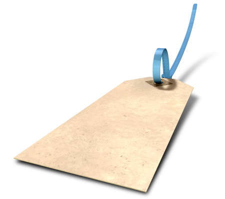 A regular beige colour paper tag with a blue zip tie attached through its eyelet on an isolated...