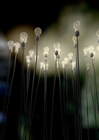 A group of regular light bulbs attached to cables reaching skyward creating an eerie greenish foggy...