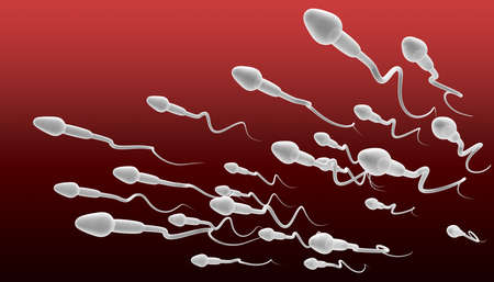 A microscopic perspective view closeup of a group white sperm swimming in the same direction on a red and maroon backgroundの写真素材