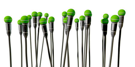 An array of upward facing black plastic and foam microphones on cables an isolated backgroundの写真素材