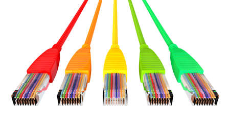 A set of five colorful ethernet plugs with chords all facing in the same direction on an isolated...