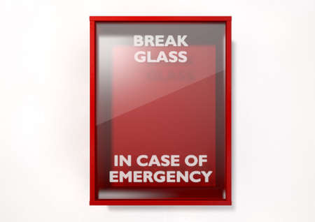 An empty red emergency box with an in case of emergency breakable glass on the front on an isolated...