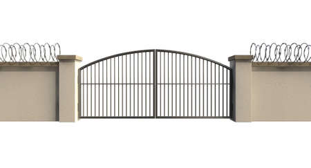 An front view of a regular domestic wall and gate with plaster cappings and razor wire security on...