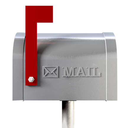An side view of an old school retro tin mailbox with a red flag pointing upward の写真素材