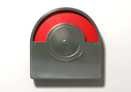 A regular public restroom metal door mechanism indicating red for occupied on an isolated white...