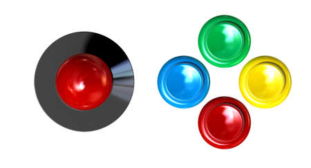 A direct top view of a vintage computer game controller with a joystick and four various colored...