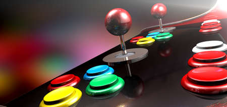 A  vintage computer game control pad with a joystick and four various colored buttons on a...
