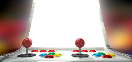 A vintage arcade game machine with colorful controllers and a bright illuminated screen on a bright...