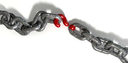 A worn metal chain with a red question mark as one of its links on an isolated の写真素材