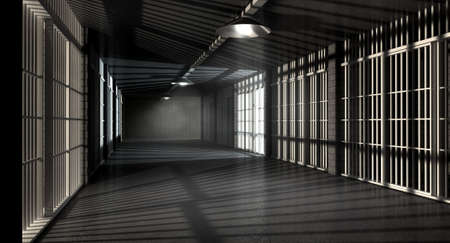 A corridor in a prison at night showing jail cells illuminted by various ominous lights