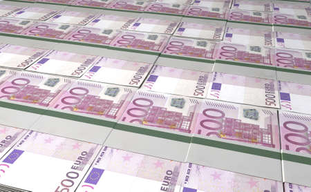 A laid out collection of bundled five hundred euro bill notes