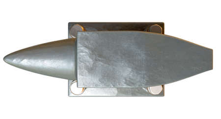 A top view of a heavy steel black anvil with four bolts holding it to an isolated background