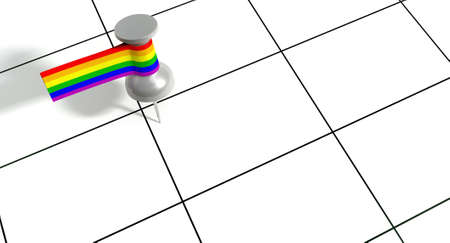 A grey thumbtack with a tape tag attached to it in the colors of the rainbow gay flag on a generic calendar grid background
の写真素材
