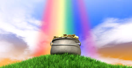 A leprechaun pot filled with gold coins highlighted by a rainbow on a regular green hill with a blue sky backgroundの写真素材