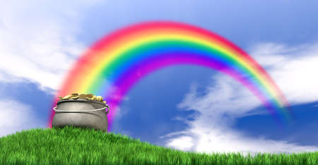 A leprechaun pot filled with gold coins highlighted by a rainbow on a regular green hill with a blue sky backgroundの写真素材