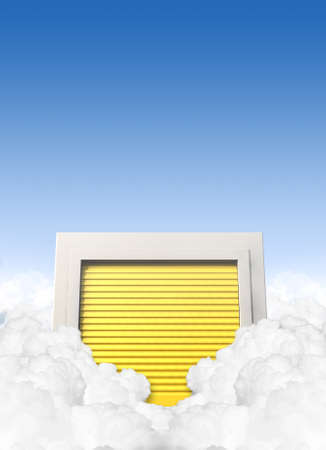 A concept depicting a storage locker with a yellow roller door located in a cloud on a blue sky backgroundの写真素材