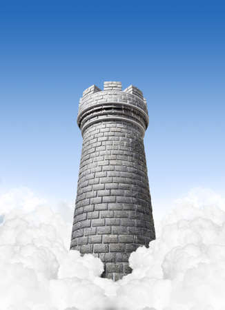 A concept image showing a brick made chess castles turret in the clouds on a blue sky background