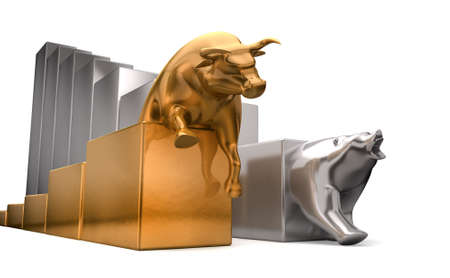 A gold bull and a platinum bear economic trends competing side by side on an isolated white backgroundの写真素材