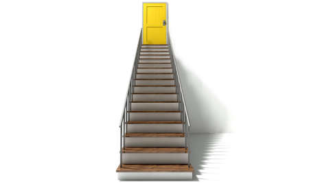 A staircase made of wooden steps and a metal handrail leading up to a closed yellow door on an...