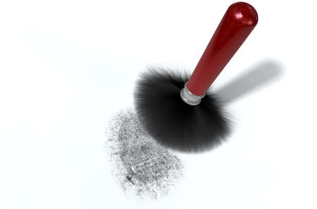 A crime scene brush dusting black talcum powder revealing and a fingerprint mark on an isolated white backgroundの写真素材