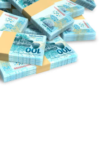 A pile of randomly scattered wads of brazilian real banknotes on an isolated background