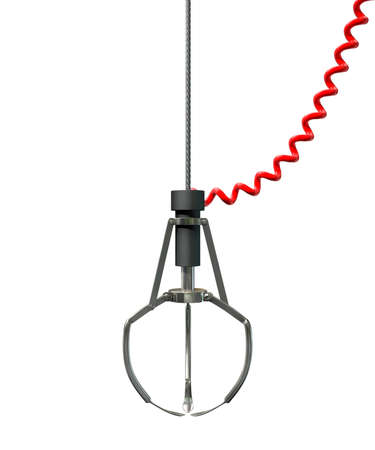An closed metal robotic claw from an arcade type game connected to a red coiled power cord on an...