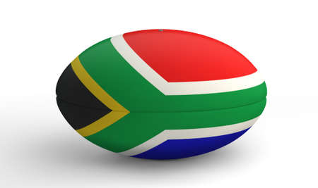 A textured rugby ball in the colors of the south african national flag on an isolated white backgroundの写真素材