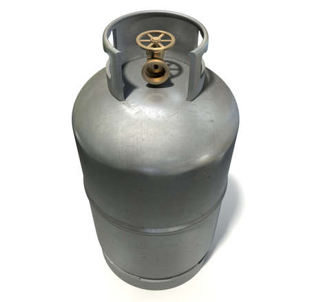 A clean unbranded metal gas cylinder with a bronze valve on an isolated white background