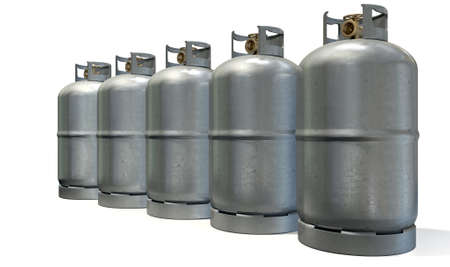 A row of five clean unbranded metal gas cylinders with bronze valves on an isolated white backgroundの写真素材