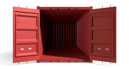 A render of a red shipping container with open doors and empty inside on an isolated white...