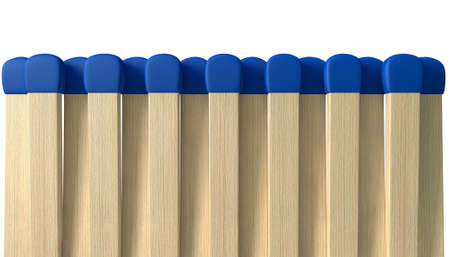 An open book of matches made with wood with blue tips in a generic white unbranded cardboard book on an isolated backgroundの写真素材