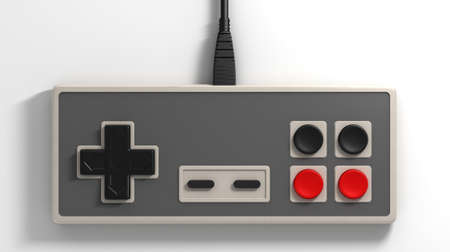 A regular vintage rectangular gaming controller with red and black buttons on an isolated white...
