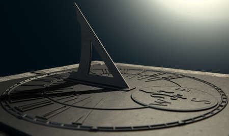 An extreme closeup of a section of an old vintage sundial clock made of scratched metal with roman...
