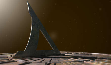 An extreme closeup of a section of an old vintage sundial clock made of scratched metal with roman...