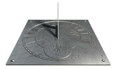 An old vintage sundial clock made of scratched metal with roman numerals on an isolated white studio...